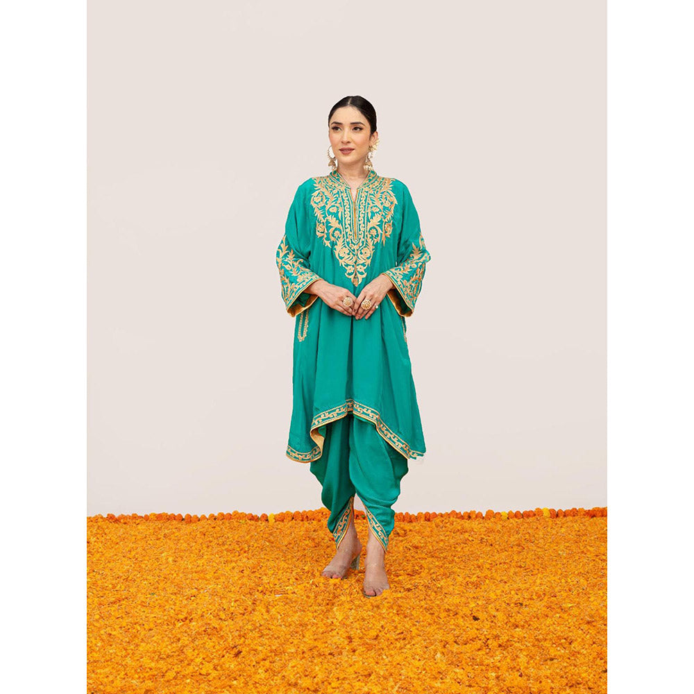Daljit Sudan Teal Crepe Aari Tilla Kurta with Dhoti (Set of 2)
