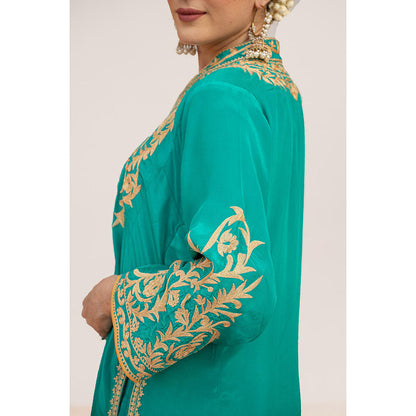 Daljit Sudan Teal Crepe Aari Tilla Kurta with Dhoti (Set of 2)