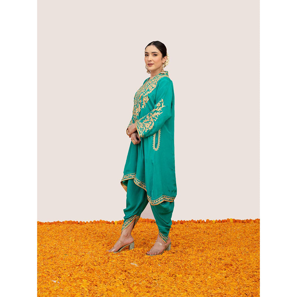 Daljit Sudan Teal Crepe Aari Tilla Kurta with Dhoti (Set of 2)