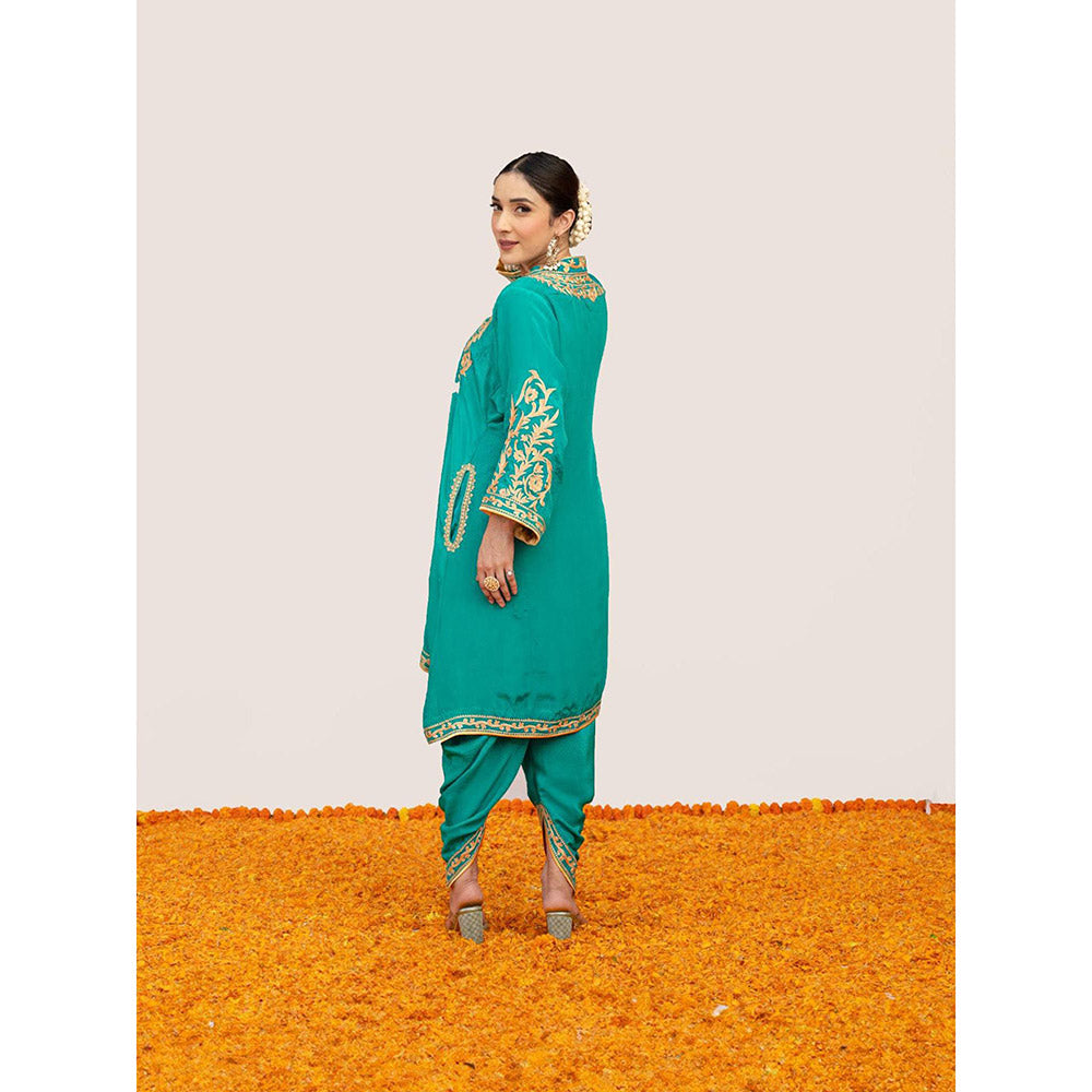 Daljit Sudan Teal Crepe Aari Tilla Kurta with Dhoti (Set of 2)