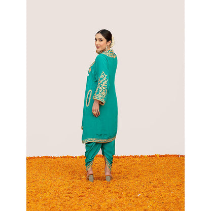 Daljit Sudan Teal Crepe Aari Tilla Kurta with Dhoti (Set of 2)