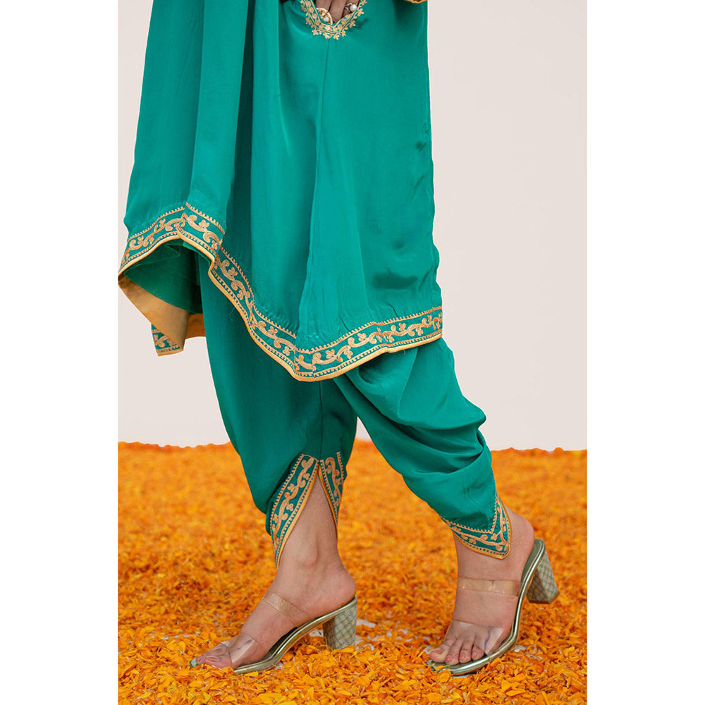 Daljit Sudan Teal Crepe Aari Tilla Kurta with Dhoti (Set of 2)