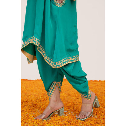 Daljit Sudan Teal Crepe Aari Tilla Kurta with Dhoti (Set of 2)