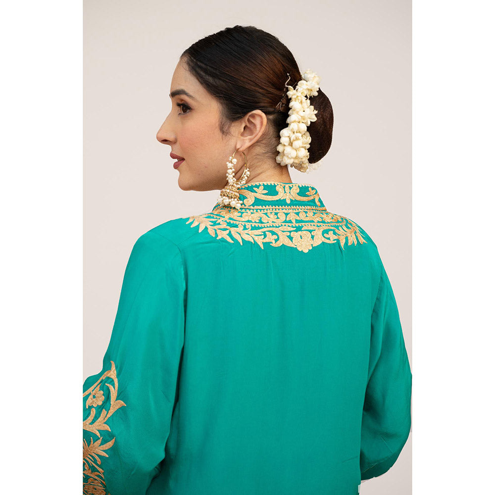 Daljit Sudan Teal Crepe Aari Tilla Kurta with Dhoti (Set of 2)