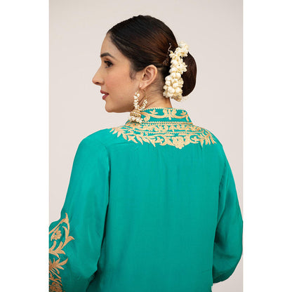 Daljit Sudan Teal Crepe Aari Tilla Kurta with Dhoti (Set of 2)