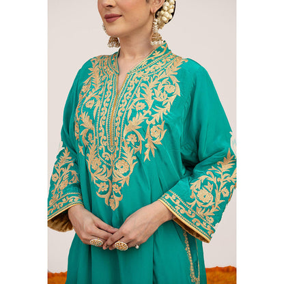 Daljit Sudan Teal Crepe Aari Tilla Kurta with Dhoti (Set of 2)