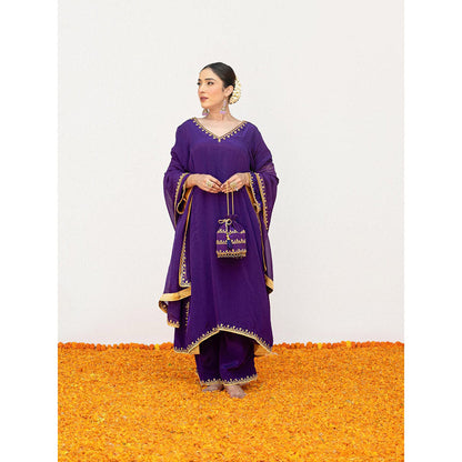 Daljit Sudan Dark Purple Crepe Tilla Minimal Kurta with Pant, Dupatta and Potli (Set of 4)
