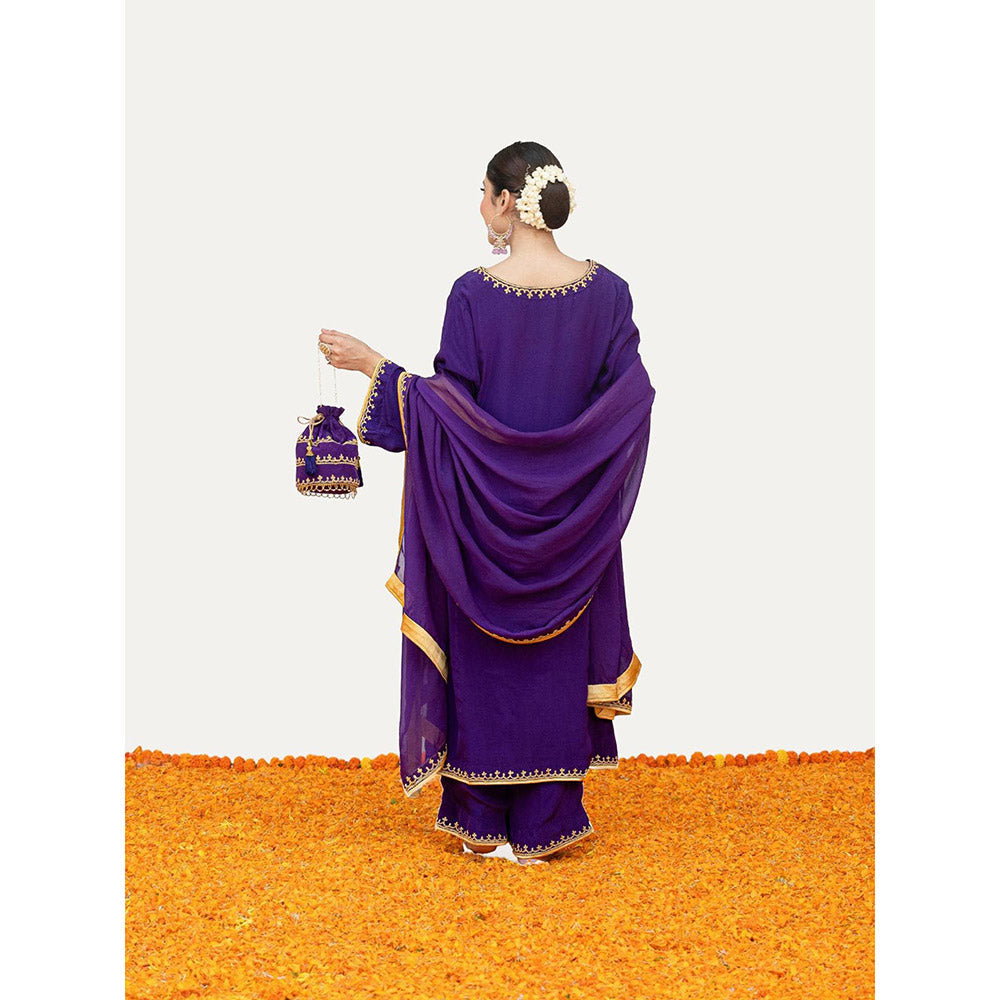 Daljit Sudan Dark Purple Crepe Tilla Minimal Kurta with Pant, Dupatta and Potli (Set of 4)