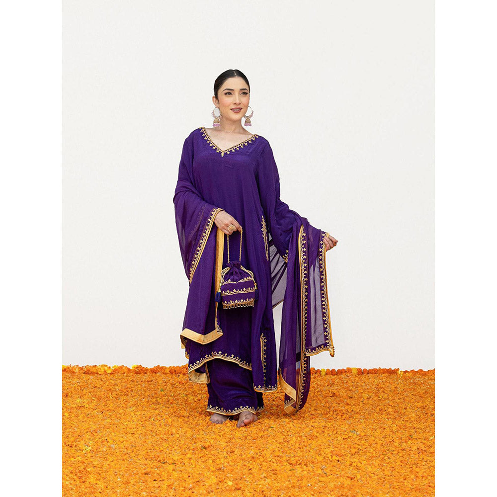 Daljit Sudan Dark Purple Crepe Tilla Minimal Kurta with Pant, Dupatta and Potli (Set of 4)