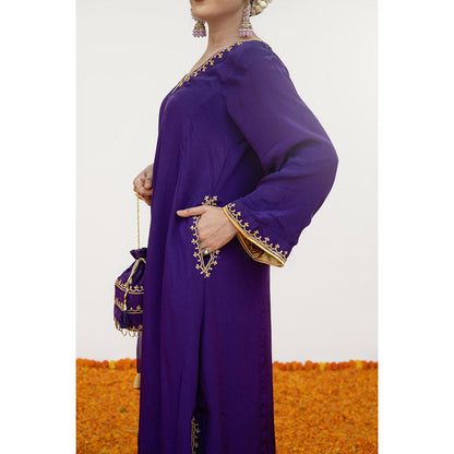 Daljit Sudan Dark Purple Crepe Tilla Minimal Kurta with Pant, Dupatta and Potli (Set of 4)