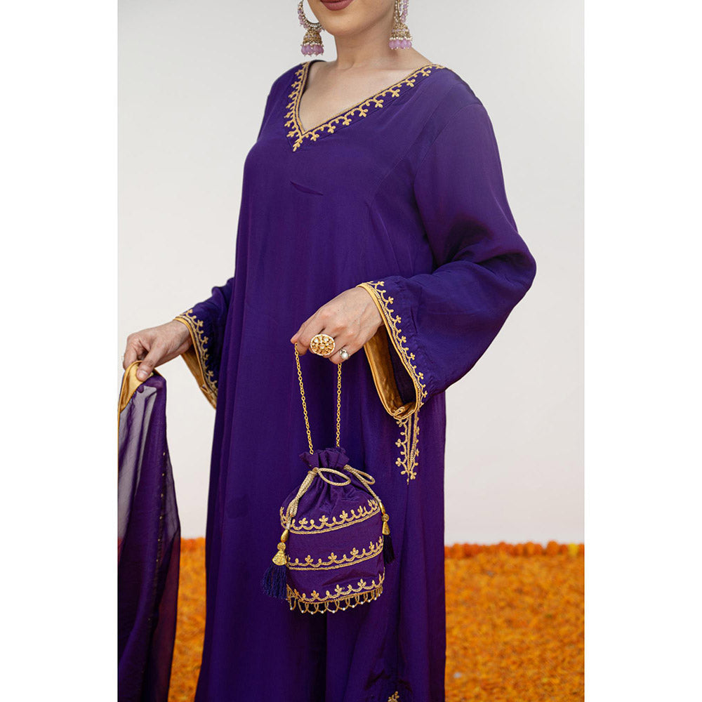 Daljit Sudan Dark Purple Crepe Tilla Minimal Kurta with Pant, Dupatta and Potli (Set of 4)
