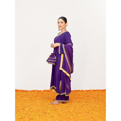 Daljit Sudan Dark Purple Crepe Tilla Minimal Kurta with Pant, Dupatta and Potli (Set of 4)