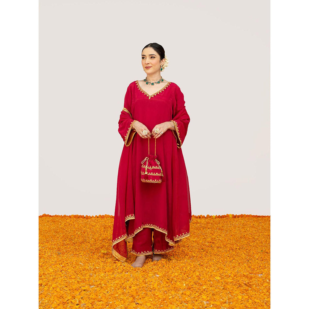 Daljit Sudan Cherry Red Crepe Tilla Minimal Kurta with Pant, Dupatta and Potli (Set of 4)