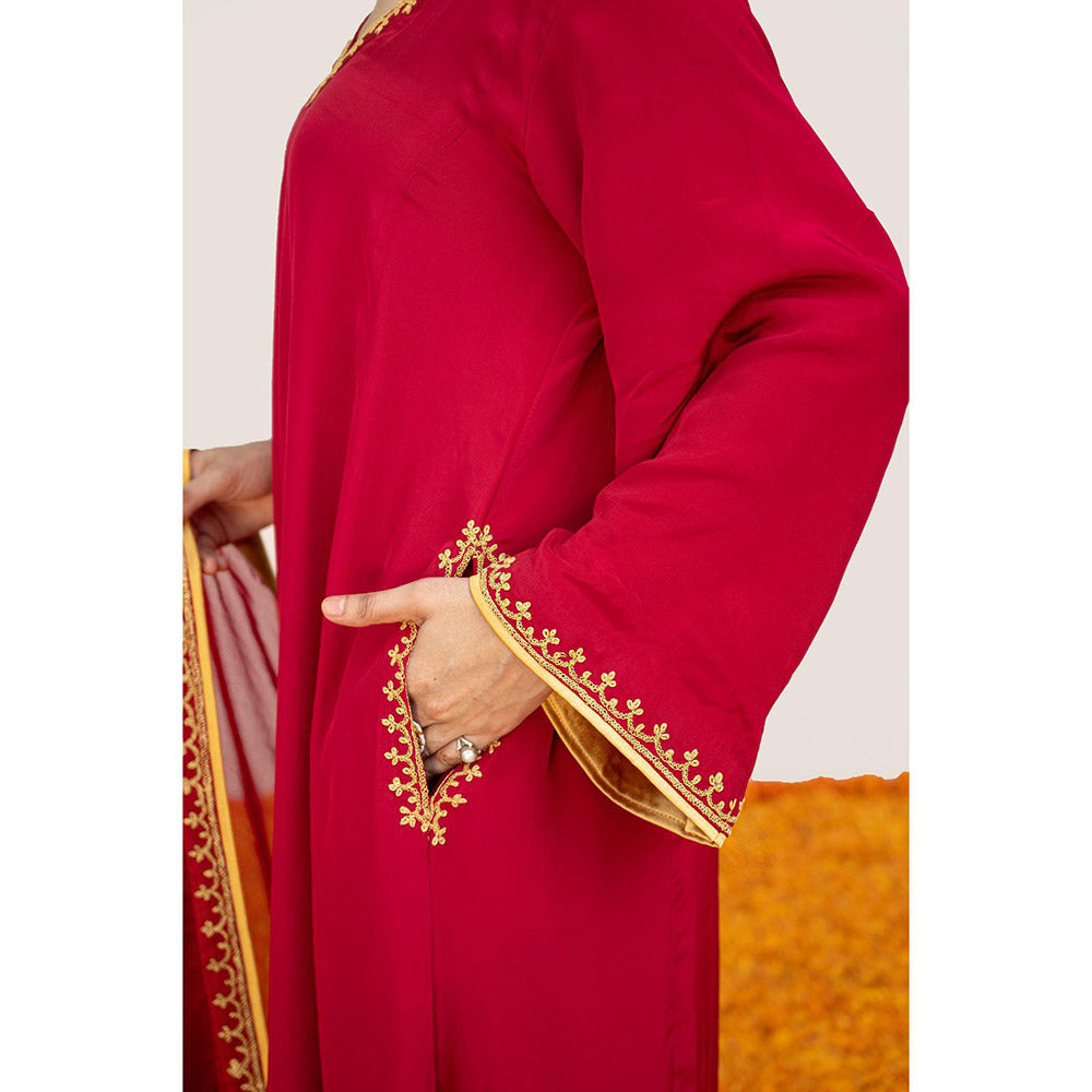 Daljit Sudan Cherry Red Crepe Tilla Minimal Kurta with Pant, Dupatta and Potli (Set of 4)