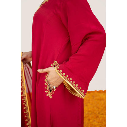 Daljit Sudan Cherry Red Crepe Tilla Minimal Kurta with Pant, Dupatta and Potli (Set of 4)