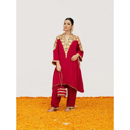 Daljit Sudan Cherry Red Crepe Aari Kurta with Pant and Potli (Set of 3)