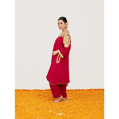 Daljit Sudan Cherry Red Crepe Aari Kurta with Pant and Potli (Set of 3)