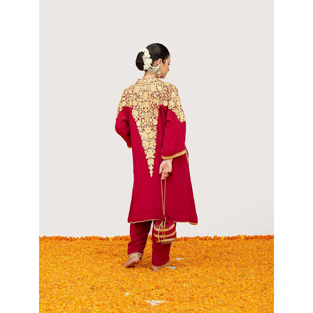 Daljit Sudan Cherry Red Crepe Aari Kurta with Pant and Potli (Set of 3)