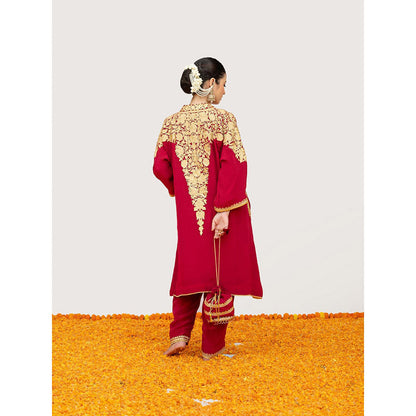 Daljit Sudan Cherry Red Crepe Aari Kurta with Pant and Potli (Set of 3)