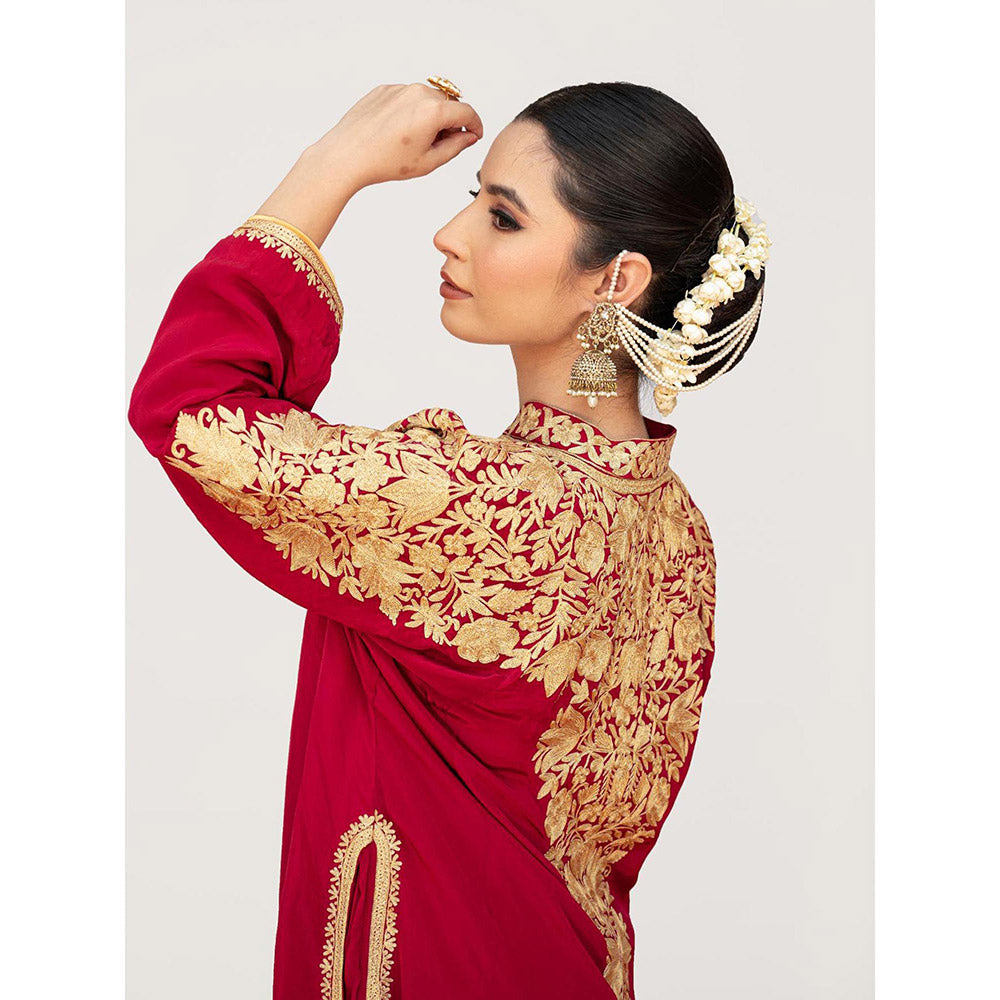 Daljit Sudan Cherry Red Crepe Aari Kurta with Pant and Potli (Set of 3)