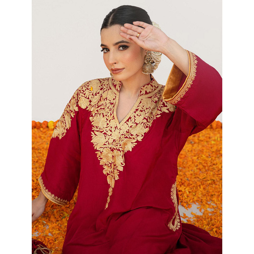 Daljit Sudan Cherry Red Crepe Aari Kurta with Pant and Potli (Set of 3)