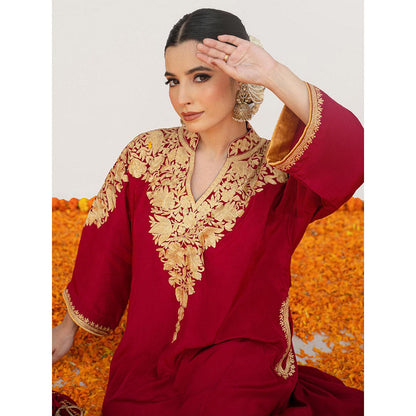 Daljit Sudan Cherry Red Crepe Aari Kurta with Pant and Potli (Set of 3)