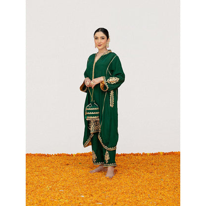 Daljit Sudan Emerald Green Crepe Aari Kurta with Pant and Potli (Set of 3)