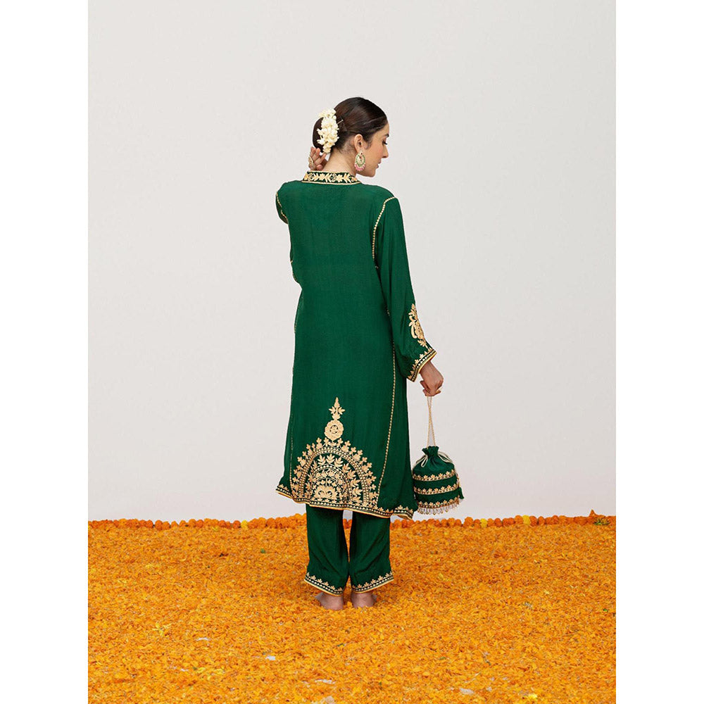 Daljit Sudan Emerald Green Crepe Aari Kurta with Pant and Potli (Set of 3)