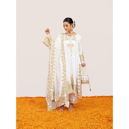 Daljit Sudan White Pure Satin Aari Kurta with Pant, Dupatta and Potli (Set of 4)
