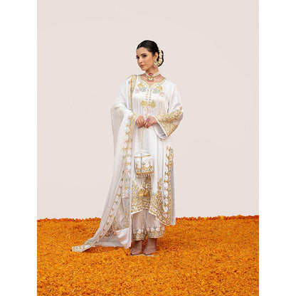 Daljit Sudan White Pure Satin Aari Kurta with Pant, Dupatta and Potli (Set of 4)