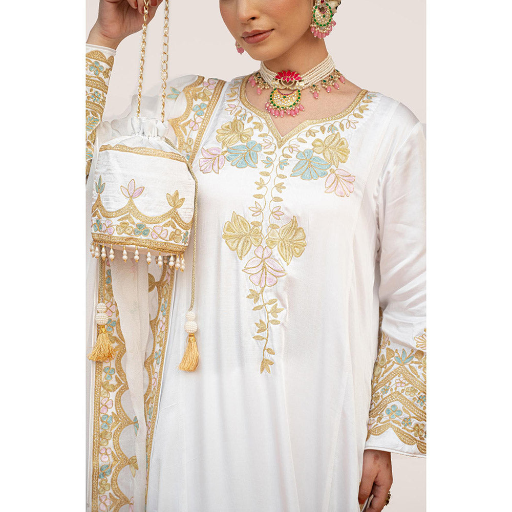 Daljit Sudan White Pure Satin Aari Kurta with Pant, Dupatta and Potli (Set of 4)