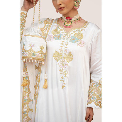 Daljit Sudan White Pure Satin Aari Kurta with Pant, Dupatta and Potli (Set of 4)