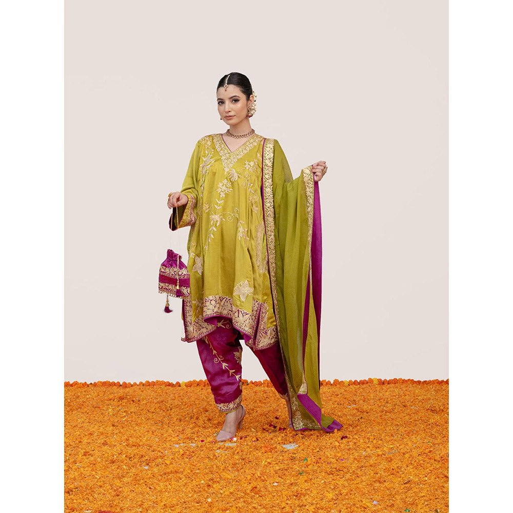 Daljit Sudan Mehendi Green Pure Satin Aari Kurta with Pant, Dupatta and Potli (Set of 4)