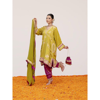 Daljit Sudan Mehendi Green Pure Satin Aari Kurta with Pant, Dupatta and Potli (Set of 4)