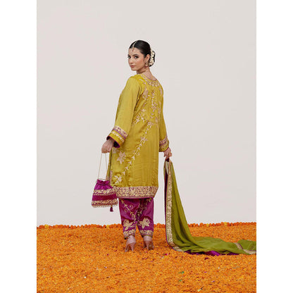 Daljit Sudan Mehendi Green Pure Satin Aari Kurta with Pant, Dupatta and Potli (Set of 4)