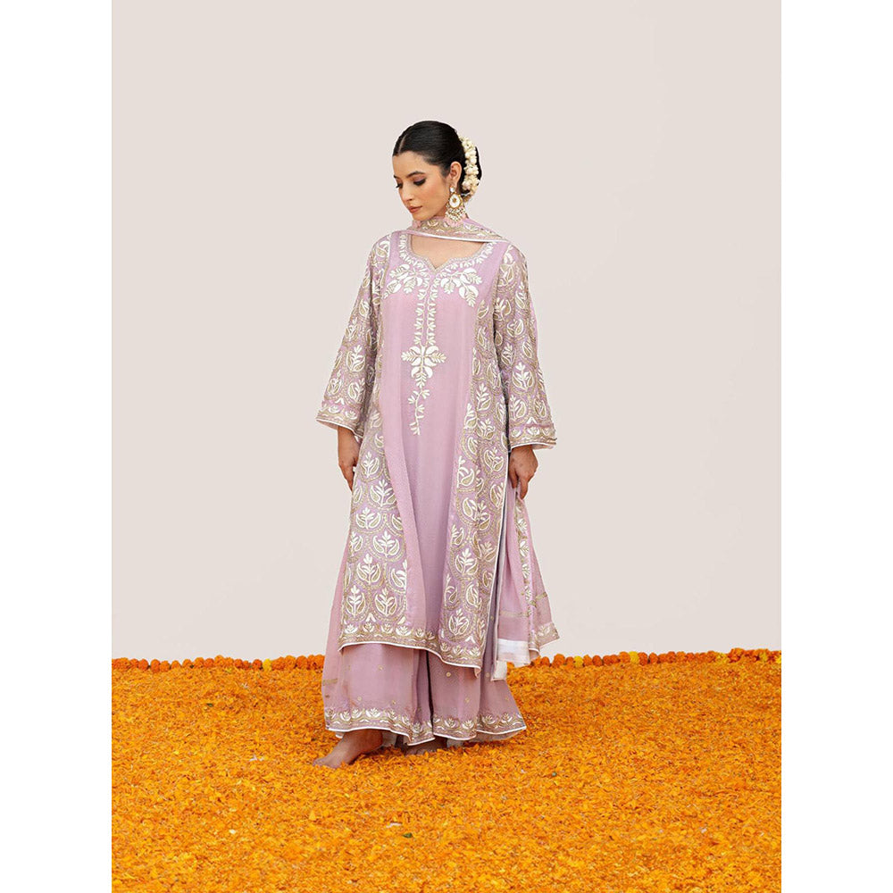 Daljit Sudan Light Pink Crepe Aari Kurta with Palazzo and Dupatta (Set of 3)