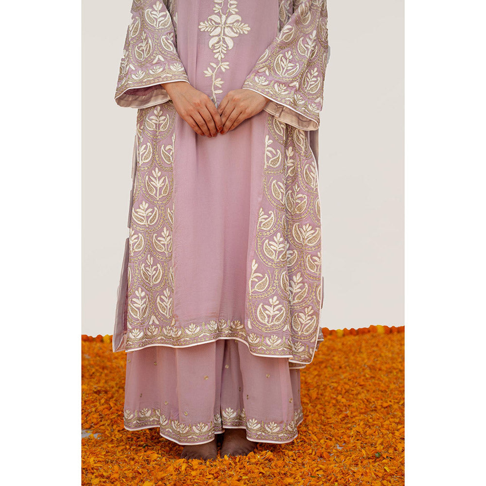 Daljit Sudan Light Pink Crepe Aari Kurta with Palazzo and Dupatta (Set of 3)