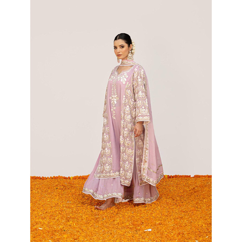 Daljit Sudan Light Pink Crepe Aari Kurta with Palazzo and Dupatta (Set of 3)