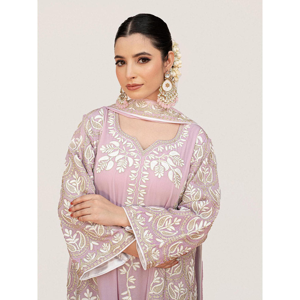 Daljit Sudan Light Pink Crepe Aari Kurta with Palazzo and Dupatta (Set of 3)
