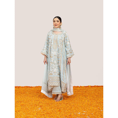 Daljit Sudan Powder Blue Crepe White Aari Kurta with Pant and Dupatta (Set of 3)