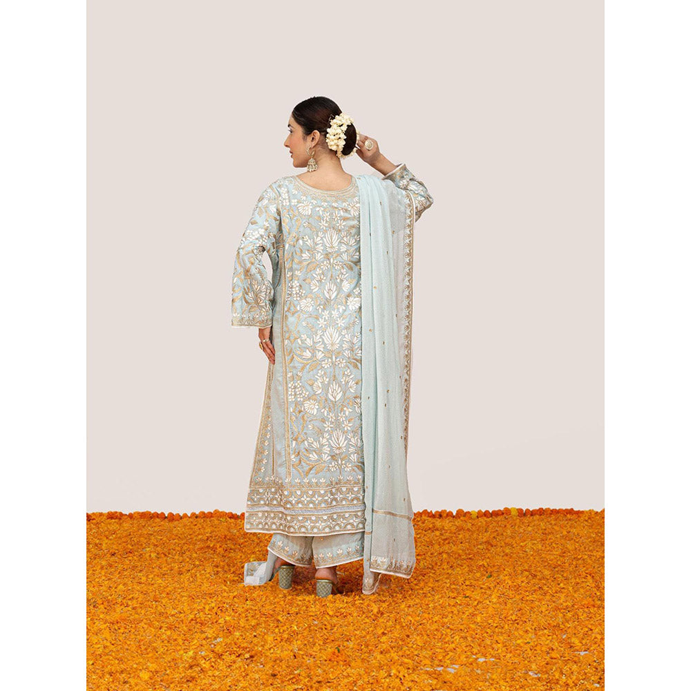 Daljit Sudan Powder Blue Crepe White Aari Kurta with Pant and Dupatta (Set of 3)
