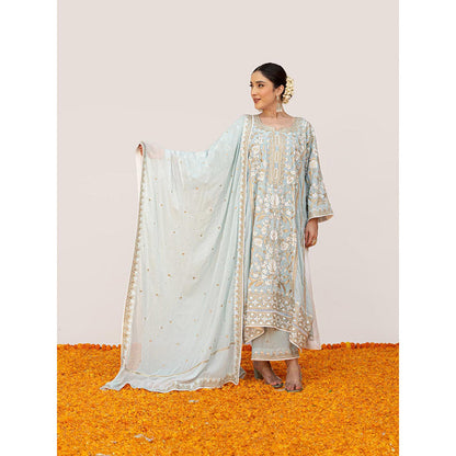Daljit Sudan Powder Blue Crepe White Aari Kurta with Pant and Dupatta (Set of 3)
