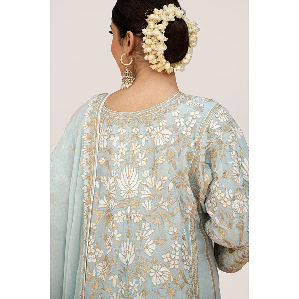Daljit Sudan Powder Blue Crepe White Aari Kurta with Pant and Dupatta (Set of 3)