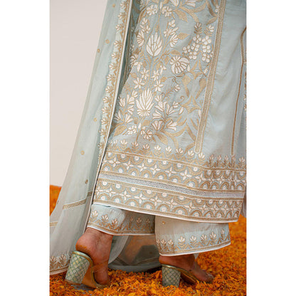 Daljit Sudan Powder Blue Crepe White Aari Kurta with Pant and Dupatta (Set of 3)