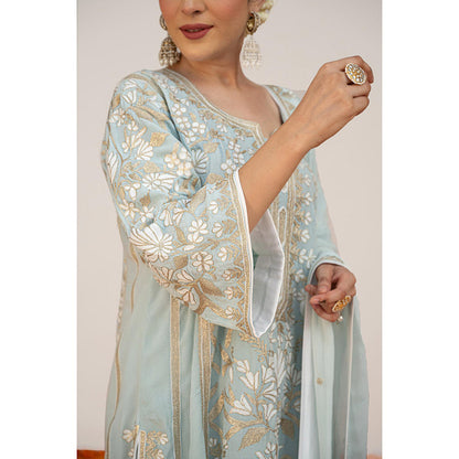 Daljit Sudan Powder Blue Crepe White Aari Kurta with Pant and Dupatta (Set of 3)