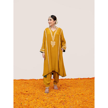Daljit Sudan Mustard Crepe Tilla Kurta with Pant (Set of 2)