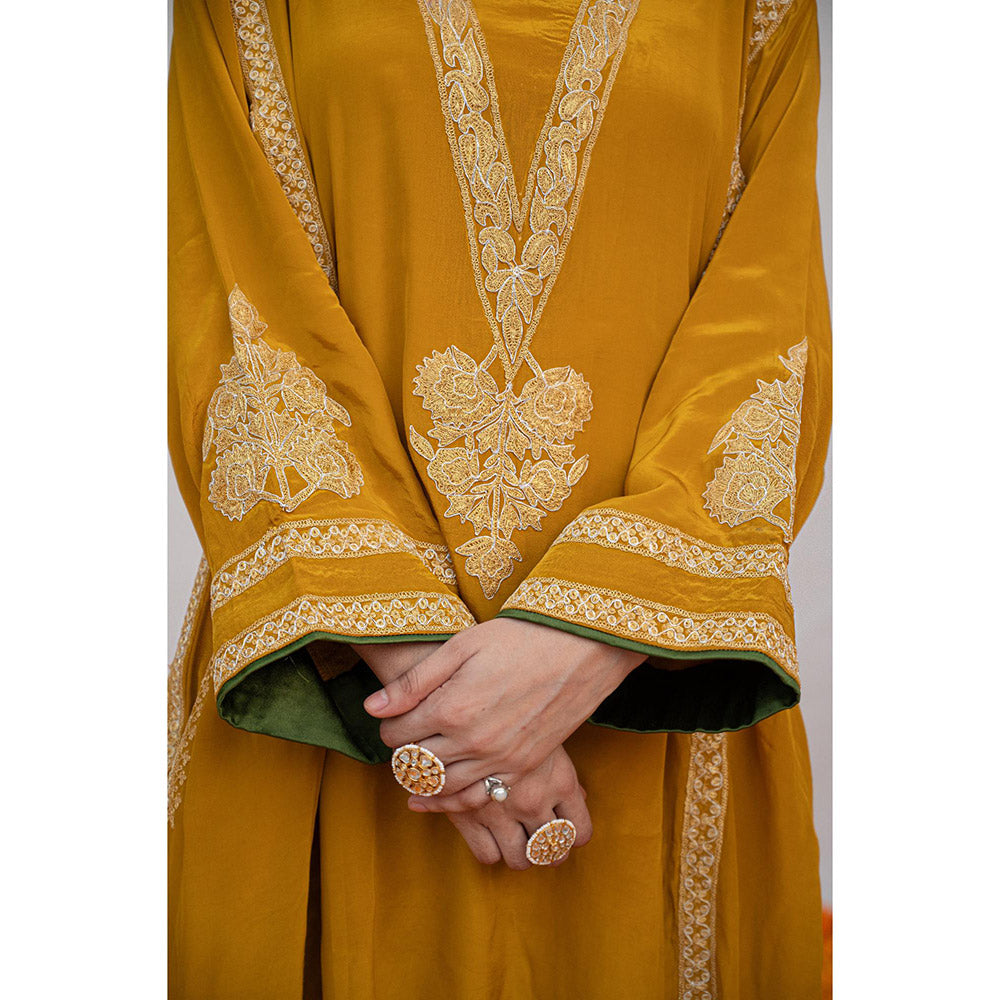 Daljit Sudan Mustard Crepe Tilla Kurta with Pant (Set of 2)