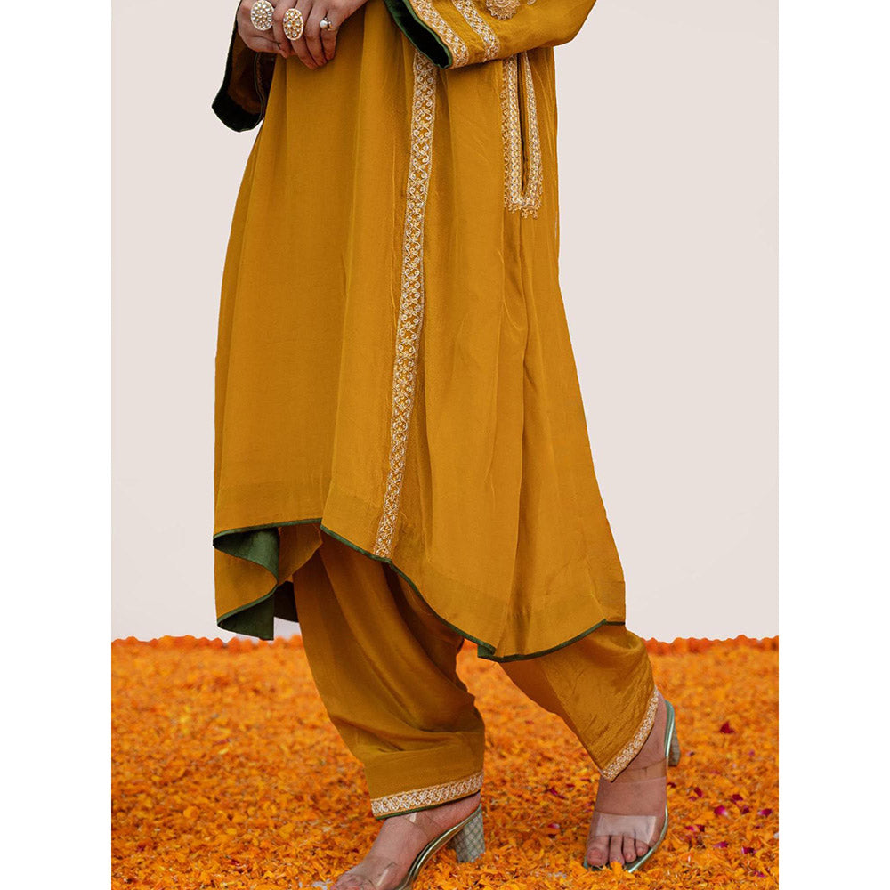 Daljit Sudan Mustard Crepe Tilla Kurta with Pant (Set of 2)
