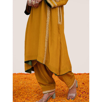 Daljit Sudan Mustard Crepe Tilla Kurta with Pant (Set of 2)