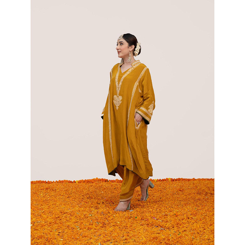 Daljit Sudan Mustard Crepe Tilla Kurta with Pant (Set of 2)